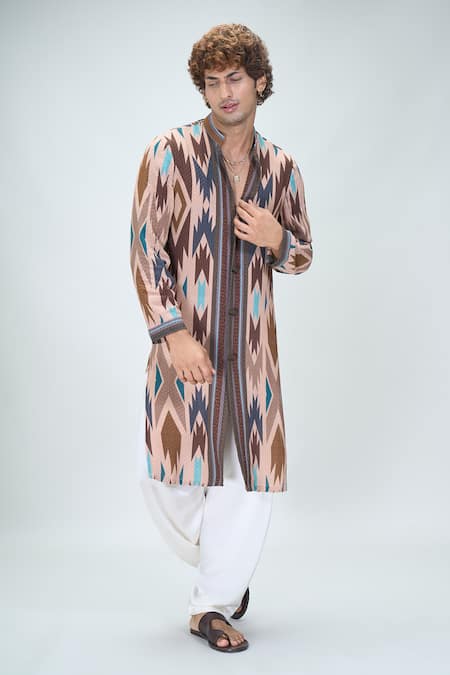 Shop_Nikita Mhaisalkar X AZA_Brown Georgette, Cotton Tapiz Carnival Print Kurta With Salwar _Online_at_Aza_Fashions