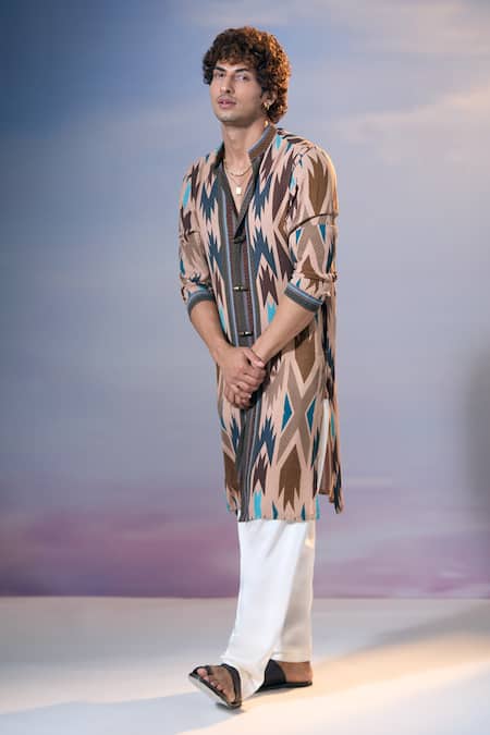 Nikita Mhaisalkar X AZA_Brown Georgette, Cotton Tapiz Carnival Print Kurta With Salwar _at_Aza_Fashions