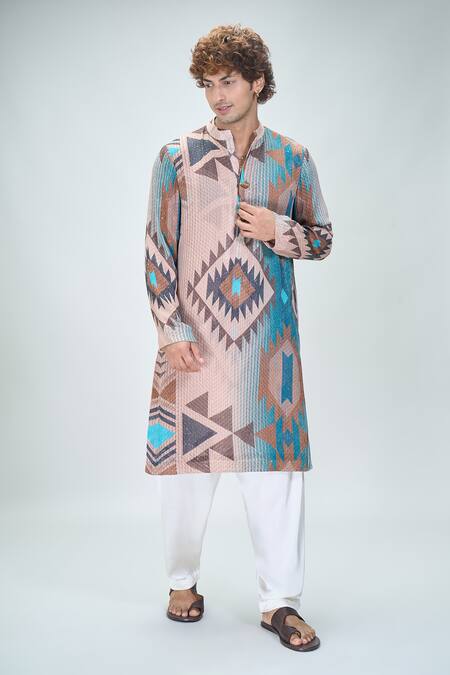 Shop Nikita Mhaisalkar X AZA Blue Georgette Sequins Tapiz Tribe Print Embellished Kurta With Salwar Online at Aza Fashions Shop_Nikita Mhaisalkar X AZA_Blue Georgette Sequins Tapiz Tribe Print Embellished Kurta With Salwar _Online_at_Aza_Fashions