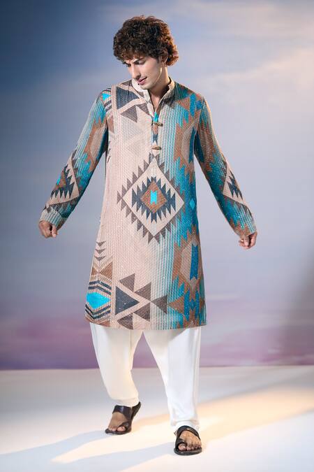 Nikita Mhaisalkar X AZA Blue Georgette Sequins Tapiz Tribe Print Embellished Kurta With Salwar at Aza Fashions Nikita Mhaisalkar X AZA_Blue Georgette Sequins Tapiz Tribe Print Embellished Kurta With Salwar _at_Aza_Fashions