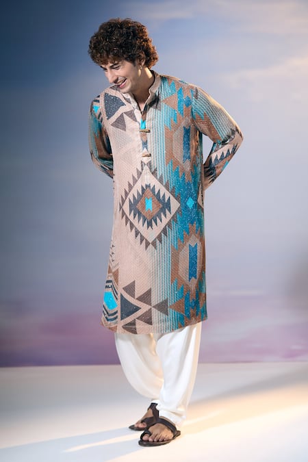 Buy Nikita Mhaisalkar X AZA Blue Georgette Sequins Tapiz Tribe Print Embellished Kurta With Salwar Buy_Nikita Mhaisalkar X AZA_Blue Georgette Sequins Tapiz Tribe Print Embellished Kurta With Salwar