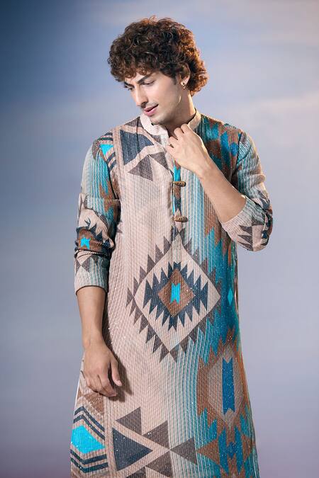 Shop Nikita Mhaisalkar X AZA Blue Georgette Sequins Tapiz Tribe Print Embellished Kurta With Salwar Shop_Nikita Mhaisalkar X AZA_Blue Georgette Sequins Tapiz Tribe Print Embellished Kurta With Salwar