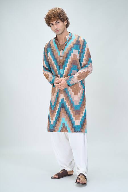 Shop_Nikita Mhaisalkar X AZA_Blue Georgette Sequins Mosaic Graphic Print Embellished Kurta With Salwar _Online_at_Aza_Fashions