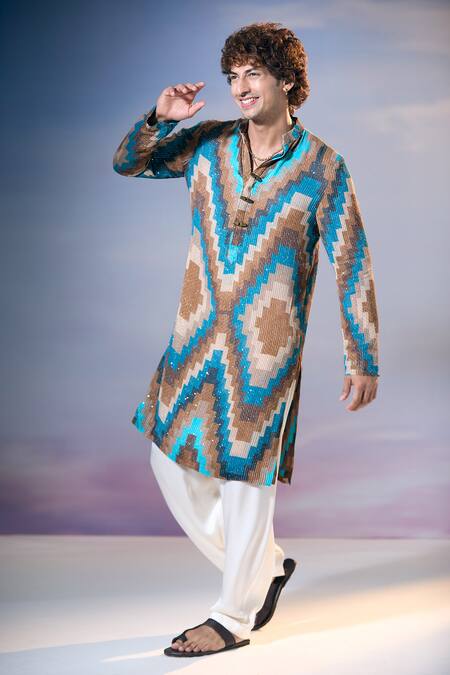 Nikita Mhaisalkar X AZA_Blue Georgette Sequins Mosaic Graphic Print Embellished Kurta With Salwar _at_Aza_Fashions