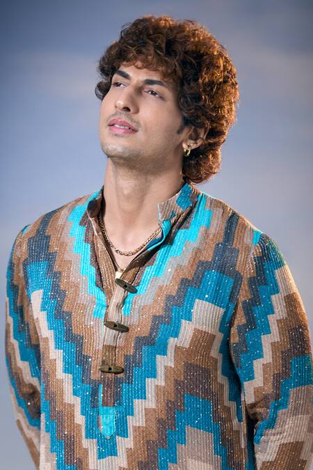 Shop_Nikita Mhaisalkar X AZA_Blue Georgette Sequins Mosaic Graphic Print Embellished Kurta With Salwar 