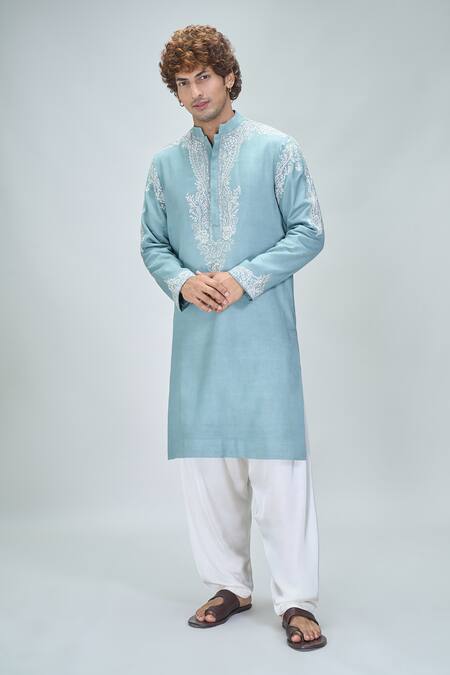 Shop_Nikita Mhaisalkar X AZA_Blue Twill Embroidery Kamdani Tikki Bloom Kurta With Salwar _Online_at_Aza_Fashions