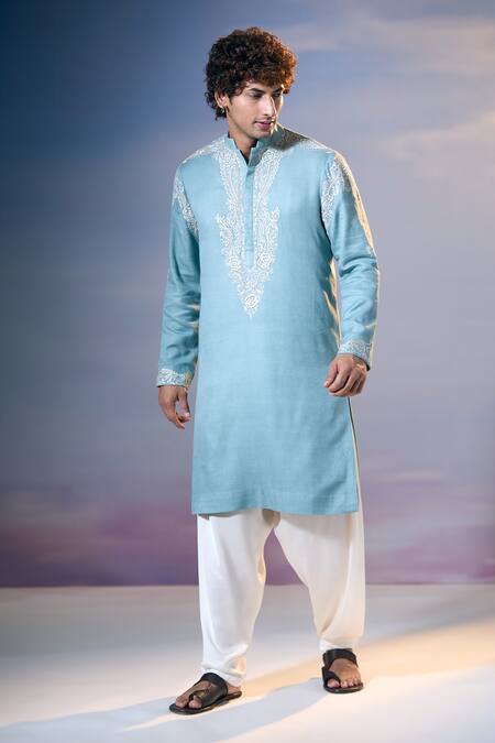 Nikita Mhaisalkar X AZA_Blue Twill Embroidery Kamdani Tikki Bloom Kurta With Salwar _at_Aza_Fashions