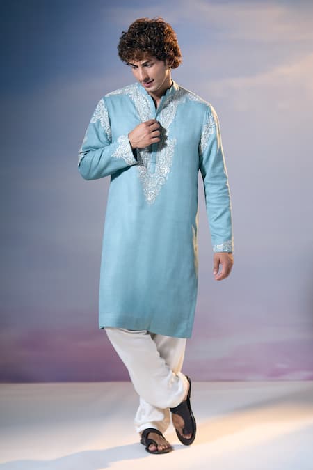 Buy_Nikita Mhaisalkar X AZA_Blue Twill Embroidery Kamdani Tikki Bloom Kurta With Salwar 