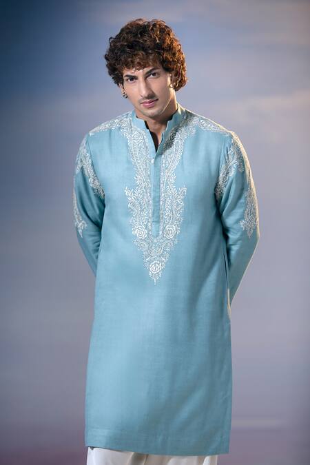 Shop_Nikita Mhaisalkar X AZA_Blue Twill Embroidery Kamdani Tikki Bloom Kurta With Salwar 