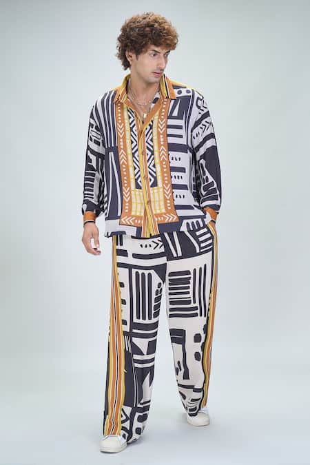 Shop_Nikita Mhaisalkar X AZA_Black Georgette Abstract Maze Print Shirt With Pant _Online_at_Aza_Fashions