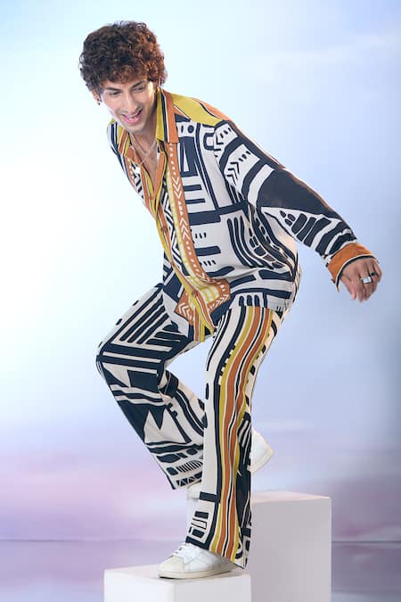 Nikita Mhaisalkar X AZA_Black Georgette Abstract Maze Print Shirt With Pant _at_Aza_Fashions