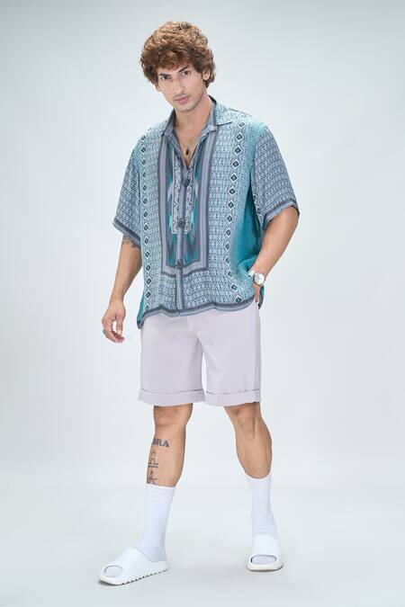 Shop_Nikita Mhaisalkar X AZA_Blue Silk Satin, Linen Embroidery Diamond Dream Print Shirt With Shorts _Online_at_Aza_Fashions