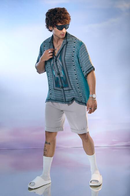 Nikita Mhaisalkar X AZA_Blue Silk Satin, Linen Embroidery Diamond Dream Print Shirt With Shorts _at_Aza_Fashions