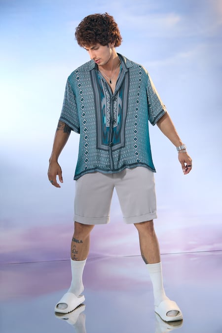 Buy_Nikita Mhaisalkar X AZA_Blue Silk Satin, Linen Embroidery Diamond Dream Print Shirt With Shorts 