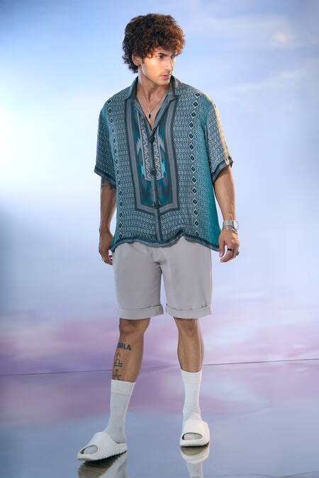 Shop_Nikita Mhaisalkar X AZA_Blue Silk Satin, Linen Embroidery Diamond Dream Print Shirt With Shorts 