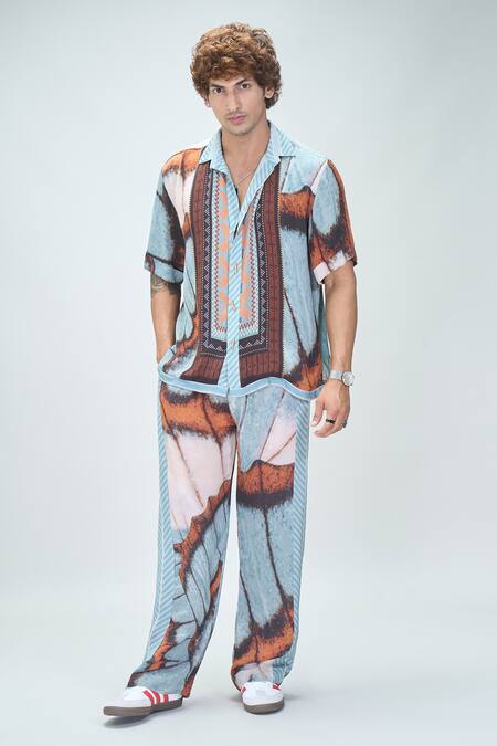 Shop Nikita Mhaisalkar X AZA Blue Georgette Embroidery Butterfly Wing Print Shirt With Pant Online at Aza Fashions Shop_Nikita Mhaisalkar X AZA_Blue Georgette Embroidery Butterfly Wing Print Shirt With Pant _Online_at_Aza_Fashions