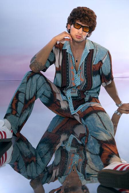 Nikita Mhaisalkar X AZA Blue Georgette Embroidery Butterfly Wing Print Shirt With Pant at Aza Fashions Nikita Mhaisalkar X AZA_Blue Georgette Embroidery Butterfly Wing Print Shirt With Pant _at_Aza_Fashions