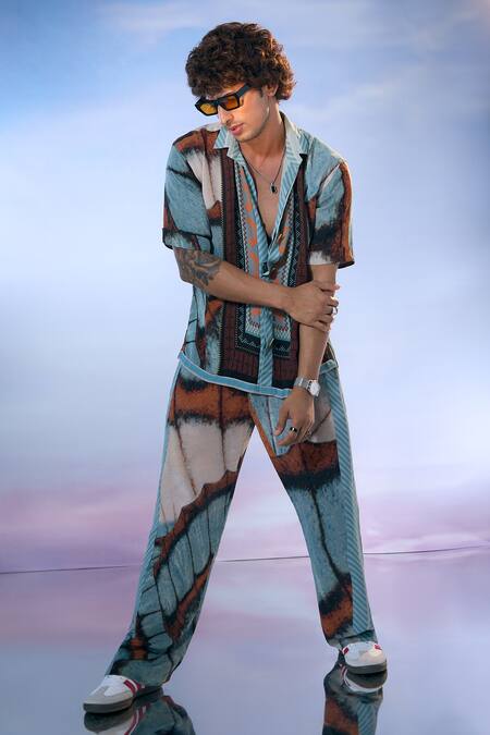 Buy Nikita Mhaisalkar X AZA Blue Georgette Embroidery Butterfly Wing Print Shirt With Pant Buy_Nikita Mhaisalkar X AZA_Blue Georgette Embroidery Butterfly Wing Print Shirt With Pant
