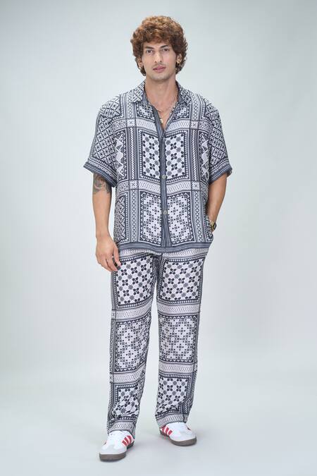 Shop_Nikita Mhaisalkar X AZA_Black Silk Satin Mosaic Flora Art Print Shirt With Pant _Online_at_Aza_Fashions