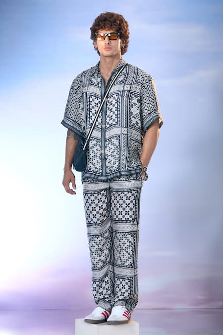 Buy_Nikita Mhaisalkar X AZA_Black Silk Satin Mosaic Flora Art Print Shirt With Pant 