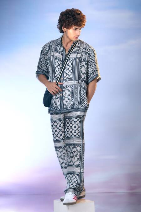 Shop_Nikita Mhaisalkar X AZA_Black Silk Satin Mosaic Flora Art Print Shirt With Pant 