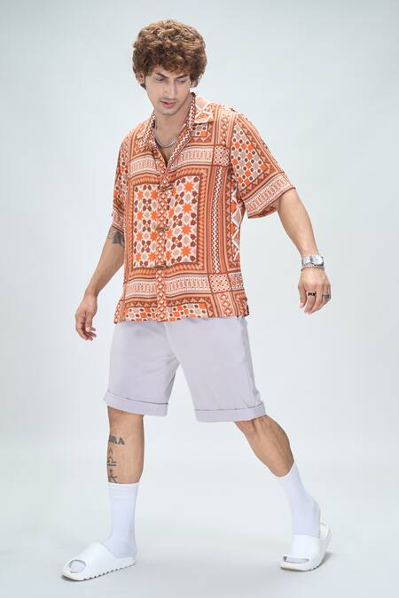 Shop_Nikita Mhaisalkar X AZA_Orange Georgette Mosaic Boho Bloom Print Shirt _Online_at_Aza_Fashions