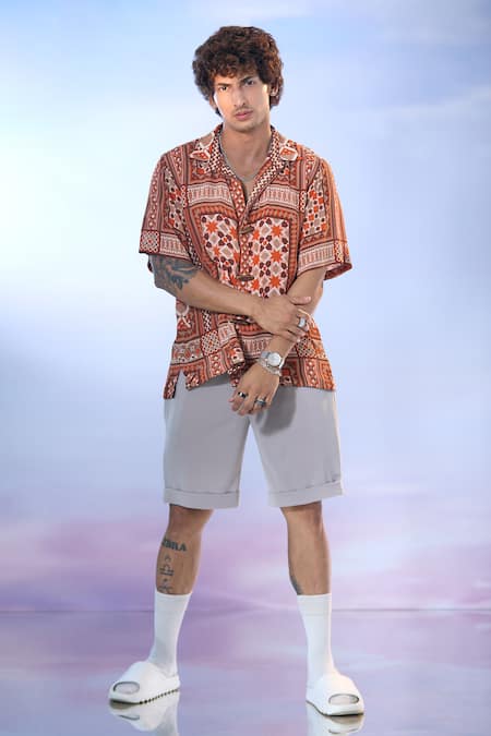 Nikita Mhaisalkar X AZA_Orange Georgette Mosaic Boho Bloom Print Shirt _at_Aza_Fashions