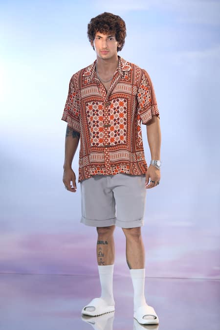 Buy_Nikita Mhaisalkar X AZA_Orange Georgette Mosaic Boho Bloom Print Shirt 