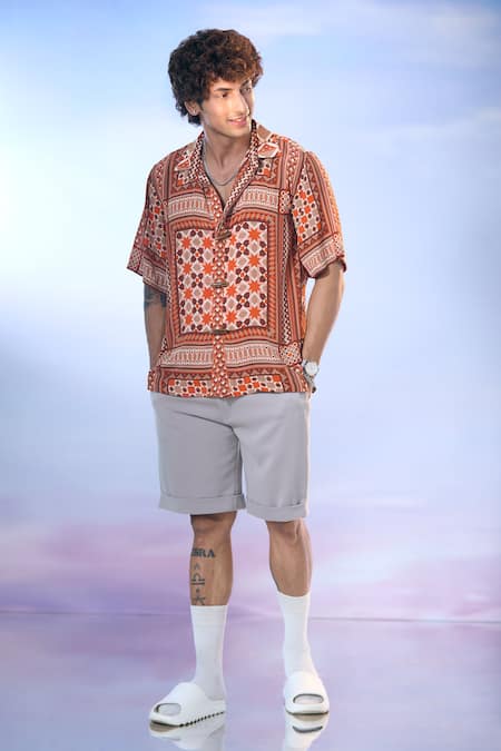 Shop_Nikita Mhaisalkar X AZA_Orange Georgette Mosaic Boho Bloom Print Shirt 