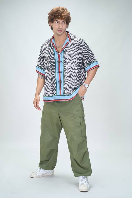 Shop_Nikita Mhaisalkar X AZA_Black Georgette Embroidery Byzantine Print Contrast Border Shirt _Online_at_Aza_Fashions