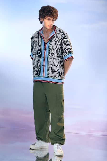 Nikita Mhaisalkar X AZA_Black Georgette Embroidery Byzantine Print Contrast Border Shirt _at_Aza_Fashions