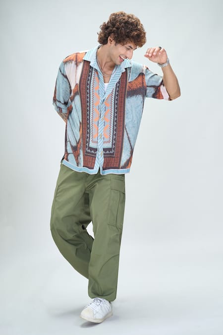 Shop Nikita Mhaisalkar X AZA Blue Georgette Butterfly Wing Print Double Shirt Online at Aza Fashions Shop_Nikita Mhaisalkar X AZA_Blue Georgette Butterfly Wing Print Double Shirt _Online_at_Aza_Fashions