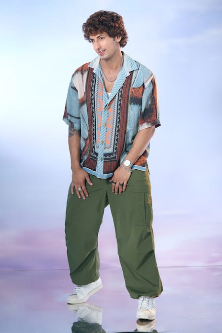 Nikita Mhaisalkar X AZA Blue Georgette Butterfly Wing Print Double Shirt at Aza Fashions Nikita Mhaisalkar X AZA_Blue Georgette Butterfly Wing Print Double Shirt _at_Aza_Fashions