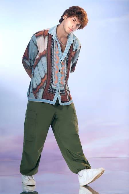 Shop Nikita Mhaisalkar X AZA Blue Georgette Butterfly Wing Print Double Shirt Shop_Nikita Mhaisalkar X AZA_Blue Georgette Butterfly Wing Print Double Shirt