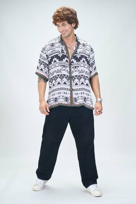 Shop_Nikita Mhaisalkar X AZA_Black Georgette Aztec Print Double Shirt _Online_at_Aza_Fashions