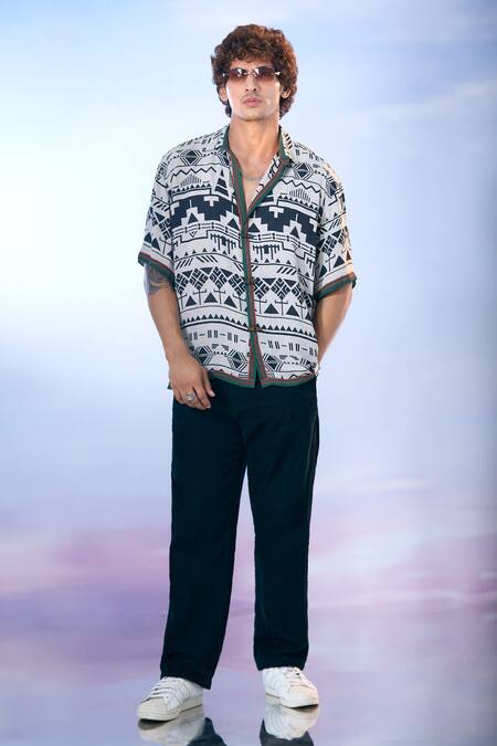 Nikita Mhaisalkar X AZA_Black Georgette Aztec Print Double Shirt _at_Aza_Fashions