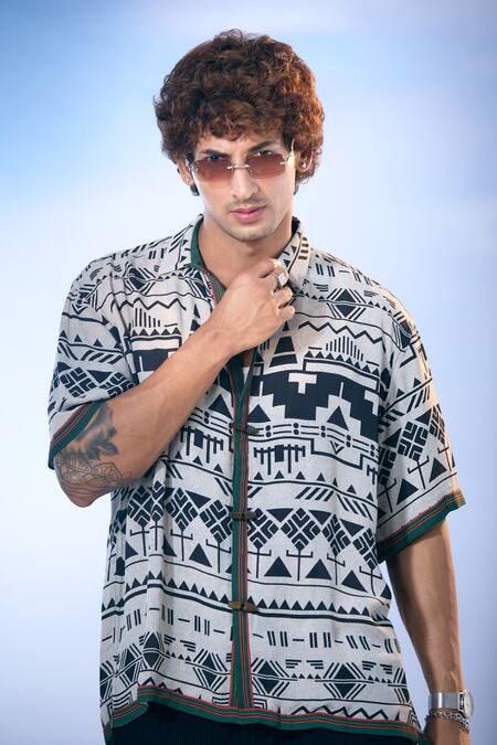 Shop_Nikita Mhaisalkar X AZA_Black Georgette Aztec Print Double Shirt 