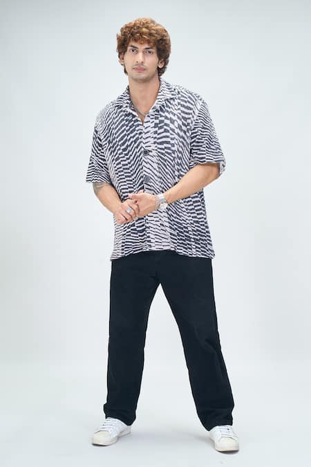 Shop_Nikita Mhaisalkar X AZA_Black Kota Doria Byzantine Print Knit Shirt _Online_at_Aza_Fashions