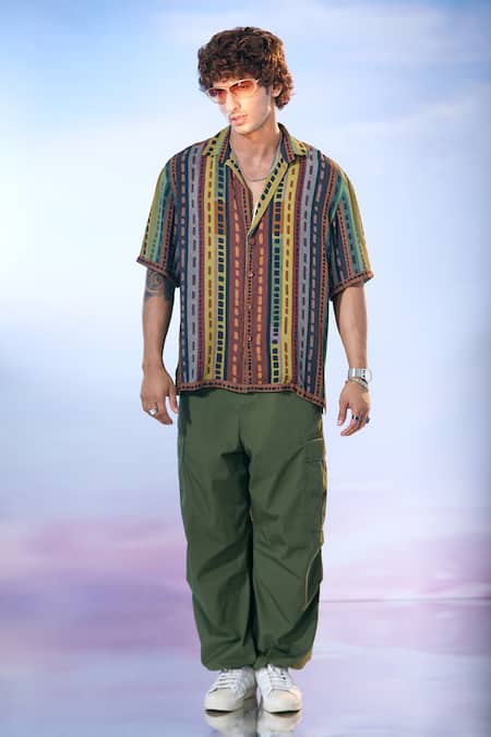 Nikita Mhaisalkar X AZA Multi Color Georgette Block Striped Print Shirt at Aza Fashions Nikita Mhaisalkar X AZA_Multi Color Georgette Block Striped Print Shirt _at_Aza_Fashions