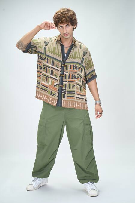 Shop_Nikita Mhaisalkar X AZA_Green Georgette Tribal Aztec Print Shirt _Online_at_Aza_Fashions