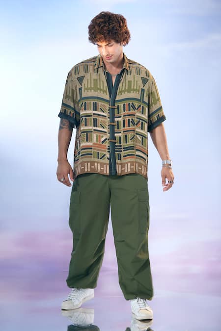 Nikita Mhaisalkar X AZA_Green Georgette Tribal Aztec Print Shirt _at_Aza_Fashions