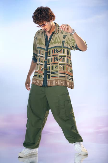 Shop_Nikita Mhaisalkar X AZA_Green Georgette Tribal Aztec Print Shirt 