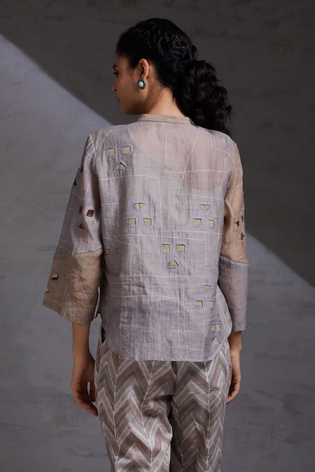 Shop Shikha Malik Brown Silk, Chanderi Cut Work Mandarin Collar Adya Detailed Shirt at Aza Fashions Shop_Shikha Malik_Brown Silk, Chanderi Cut Work Mandarin Collar Adya Detailed Shirt _at_Aza_Fashions