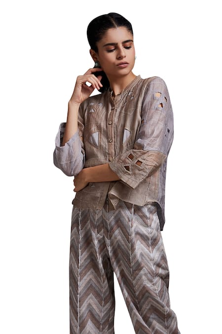 Shikha Malik Brown Silk, Chanderi Cut Work Mandarin Collar Adya Detailed Shirt Online at Aza Fashions Shikha Malik_Brown Silk, Chanderi Cut Work Mandarin Collar Adya Detailed Shirt _Online_at_Aza_Fashions
