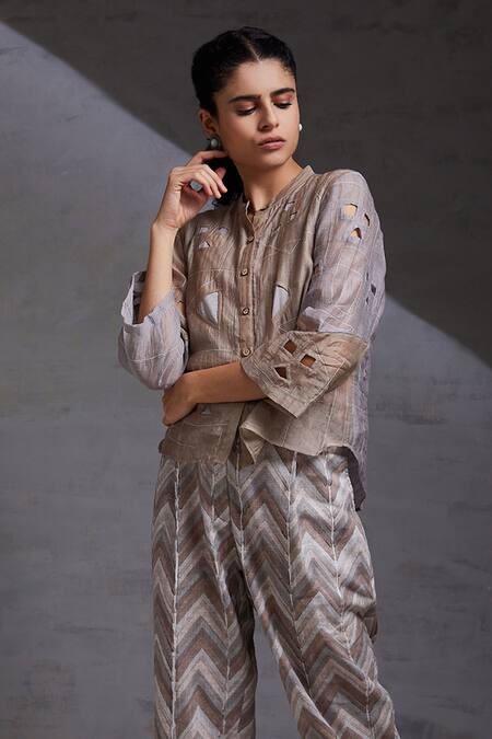 Buy Shikha Malik Brown Silk, Chanderi Cut Work Mandarin Collar Adya Detailed Shirt Online at Aza Fashions Buy_Shikha Malik_Brown Silk, Chanderi Cut Work Mandarin Collar Adya Detailed Shirt _Online_at_Aza_Fashions