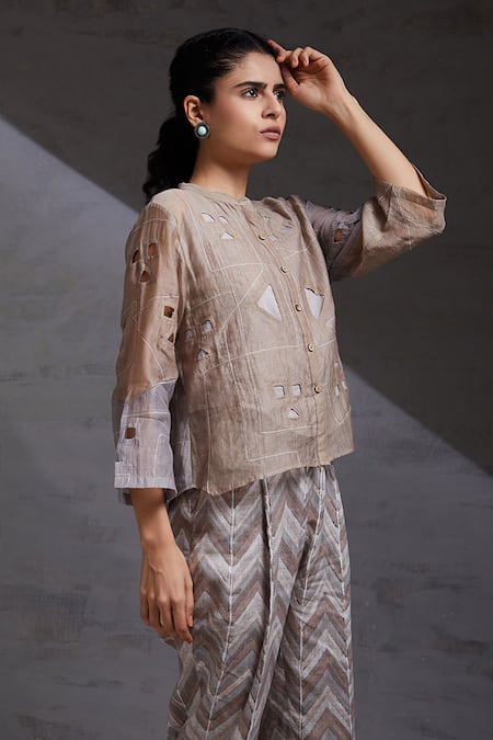 Shop Shikha Malik Brown Silk, Chanderi Cut Work Mandarin Collar Adya Detailed Shirt Online at Aza Fashions Shop_Shikha Malik_Brown Silk, Chanderi Cut Work Mandarin Collar Adya Detailed Shirt _Online_at_Aza_Fashions