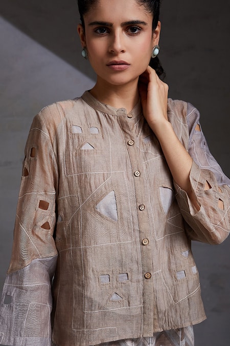 Shikha Malik Brown Silk, Chanderi Cut Work Mandarin Collar Adya Detailed Shirt at Aza Fashions Shikha Malik_Brown Silk, Chanderi Cut Work Mandarin Collar Adya Detailed Shirt _at_Aza_Fashions