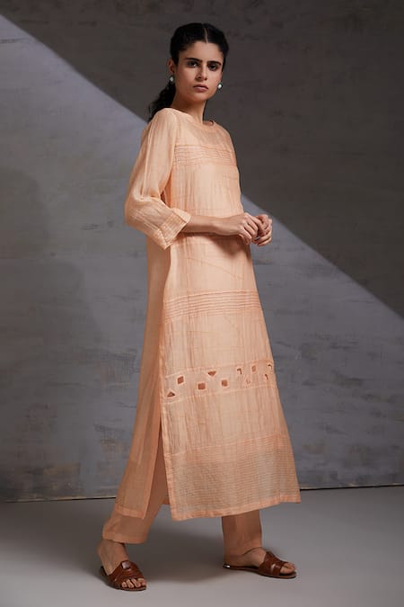 Shop_Shikha Malik_Peach Silk, Chanderi Cut Work Round Neck Chandra Pintuck Detailed Kurta Set _Online_at_Aza_Fashions