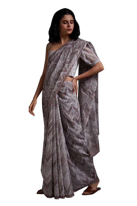 Buy_Shikha Malik_Grey Silk, Chanderi Ikagai Hand Block Print Saree _Online_at_Aza_Fashions