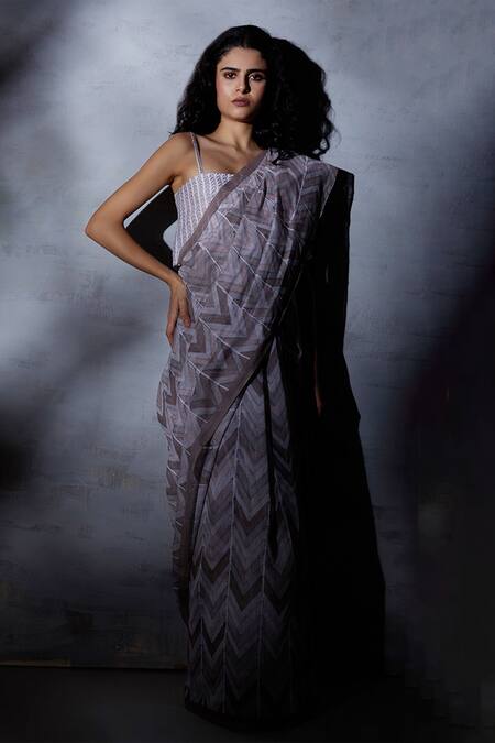 Shop_Shikha Malik_Grey Silk, Chanderi Ikagai Hand Block Print Saree _Online_at_Aza_Fashions